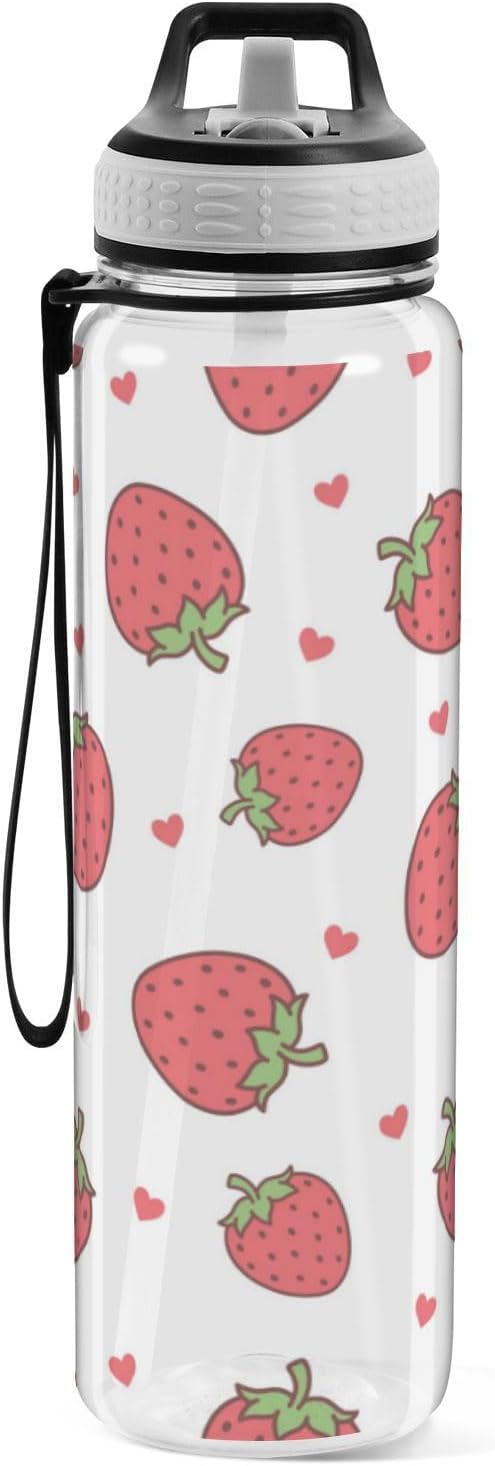 Strawberry Water Bottle with Straw Cartoon Heart Sports Bottles BPA-Free Tritan Water Jug with Carrying Strap for Gym Office Outdoor Sports