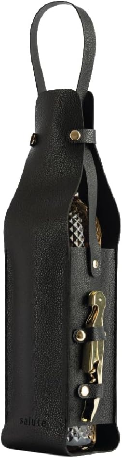 NEW Salute Wine Bottle Carrier with Corkscrew | Vegan Leather Tote Gift Bag Corporate Gift idea Picnic Travel Tastings Wine Gift Beach Party BYOB Restaurant Valentines Day (Black)