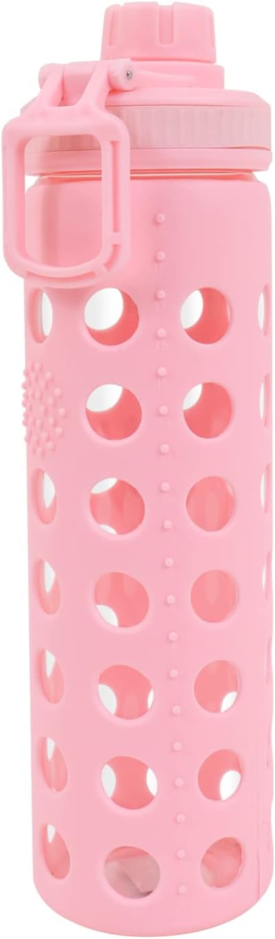 Modern-Depo 20oz Clear Glass Water Bottles Extra Lid Odor Proof and Stain Resistant Wide Mouth Reusable Fitness Sports Bottle with Sleeve, Motivational Water Jug, Pink