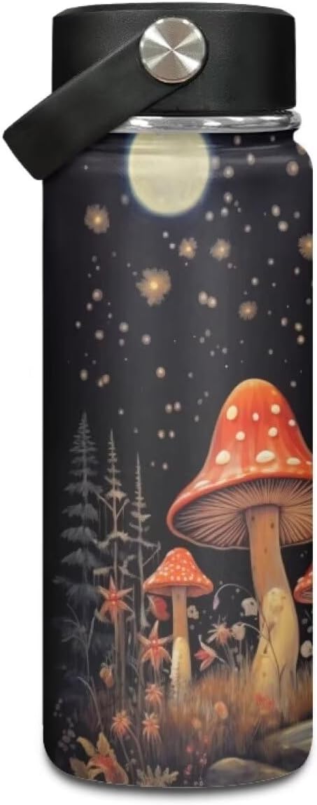 Mushroom Insulated Water Bottle for Women Men 18 Oz Vacuum Water Bottle for Hot & Cold Drinks, Wide Mouth, Great for Travel, Hiking & Camping