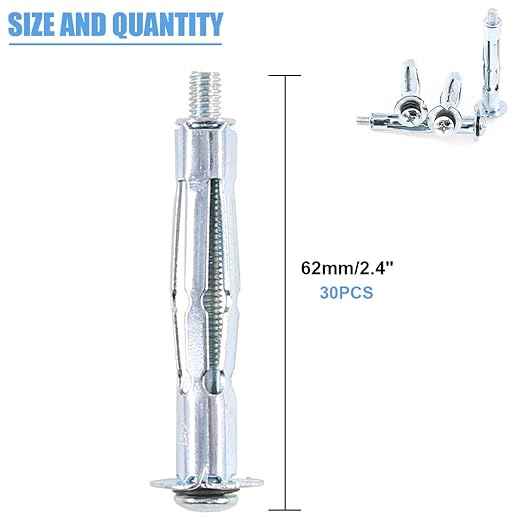 Glarks 30Pcs 5x52MM Heavy Duty Zinc Plated Steel Molly Bolt Hollow Drive Wall Anchor Screws Set for Drywall, Plaster and Tile (M5x52)