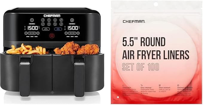 Chefman TurboFry Touch Dual 4.5QT Air Fryer Bundle With 100 5.5" Round Disposable Liners