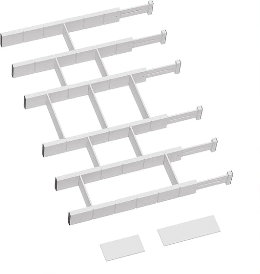6 Pack Bamboo Drawer Dividers with 12 Inserts, Expandable Adjustable Clothes Drawer Organizers and Storage from 17" to 22" for Kitchen, Bedroom, Dresser, Cosmetics (White)