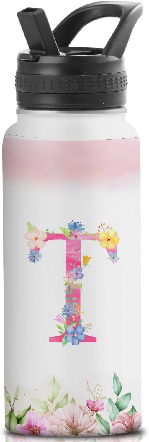 Personalized 32oz Water Bottle with Straw Customized Initial Letter Sport Bottles Monogrammed Initial Insulated Bottle Coffee Mug for Travel (T)