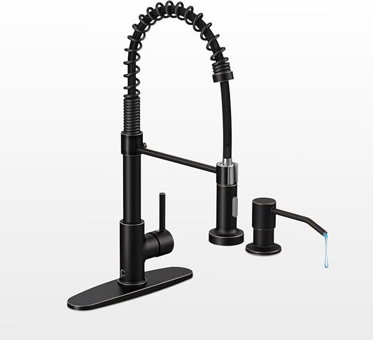 Oil Rubbed Bronze Single Handle Kitchen Faucet Set with Pull Down Sprayer and Soap Dispenser, 17-inch Tall