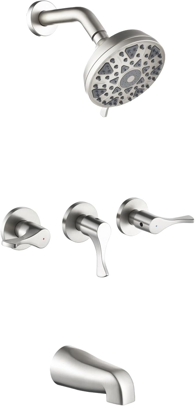 3 Handles Shower Faucet Set with Tub Spout Bathtub Shower Faucets Combo Set Shower System Complete Tub and Shower Trim Kit Brushed Nickel Shower Fixtures Brushed Nickel Shower Set