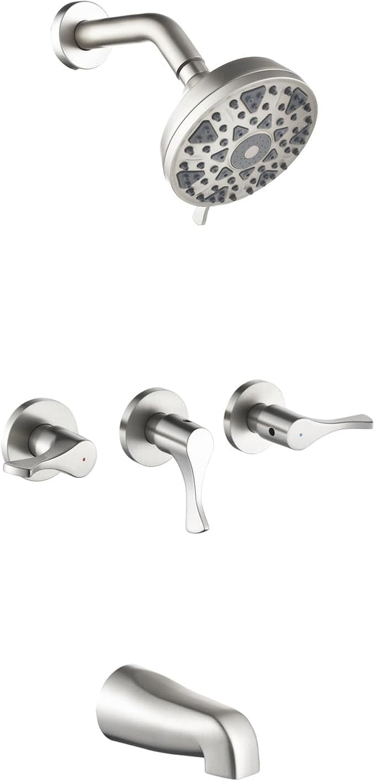 3 Handles Shower Faucet Set with Tub Spout Bathtub Shower Faucets Combo Set Shower System Complete Tub and Shower Trim Kit Brushed Nickel Shower Fixtures Brushed Nickel Shower Set