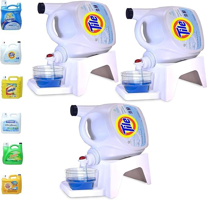 TidyFriend 3 Pack Laundry Detergent Dispenser with Tray & Strap, Laundry Soap Dispenser with Non-Slip Rubber Feet for Washing Room Organization, Easy Pour (White)