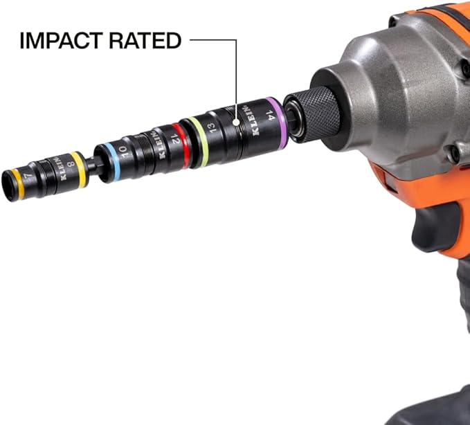 Klein Tools 32933M 6-in-1 Metric Impact Socket Set, 3 Flip Sockets with 7, 8, 10, 12, 13 and 14 mm Nut Driver Sizes, Impact Rated 5-Inch Shaft