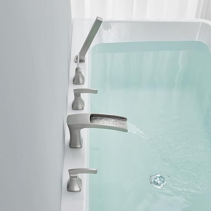 Roman Tub Faucet Waterfall Deck Mount Tub Filler Brushed Nickel Bathtub Faucets 5 Hole Brass Bathroom Faucets with Hand Shower