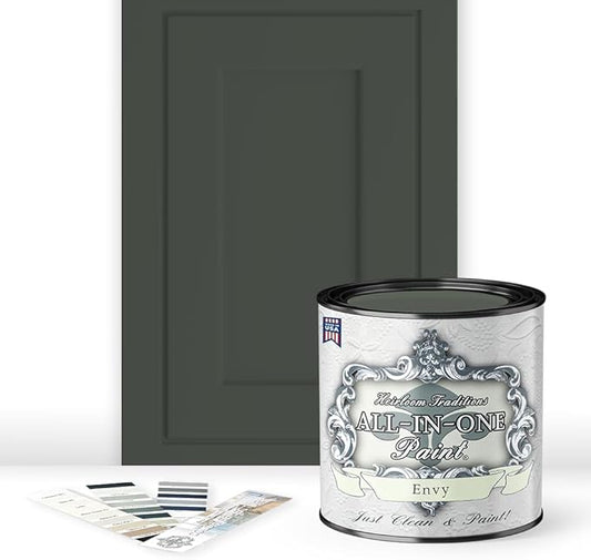 ALL-IN-ONE Paint, Durable cabinet and furniture paint. Built in primer and top coat, no sanding needed. Includes our 30 featured color card - Envy (slate green), Quart