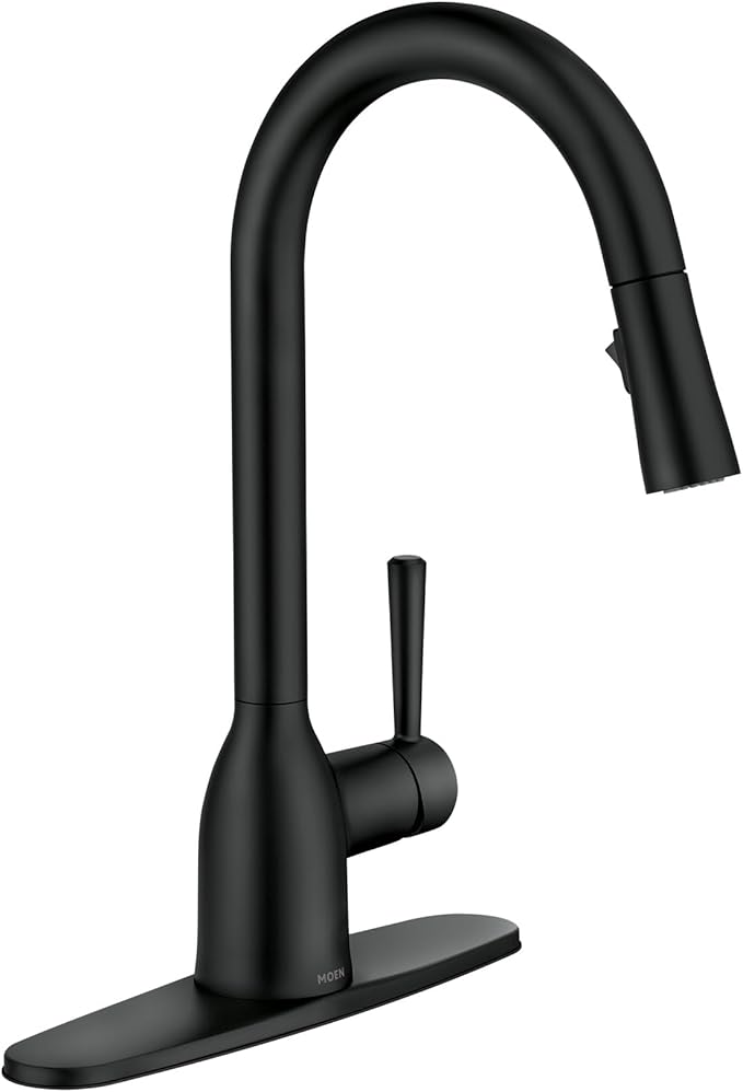 Moen Adler Matte Black One-Handle High Arc Kitchen Sink Faucet with Power Clean, Modern Kitchen Faucet with Pull Down Sprayer, 87233BL
