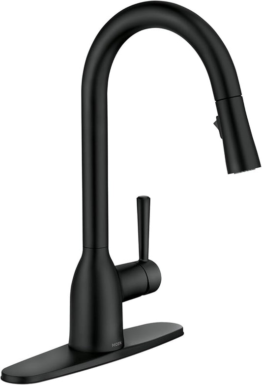 Moen Adler Matte Black One-Handle High Arc Kitchen Sink Faucet with Power Clean, Modern Kitchen Faucet with Pull Down Sprayer, 87233BL