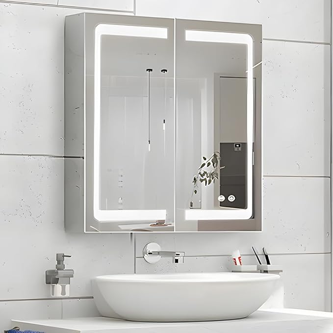 Stainless Steel LED Medicine Cabinet,Bathroom Mirror Cabinet with Light,3 Color,Dimmable,Equipped with Defogger,USB Shavor Socket,Internal Light,30×32 Inch