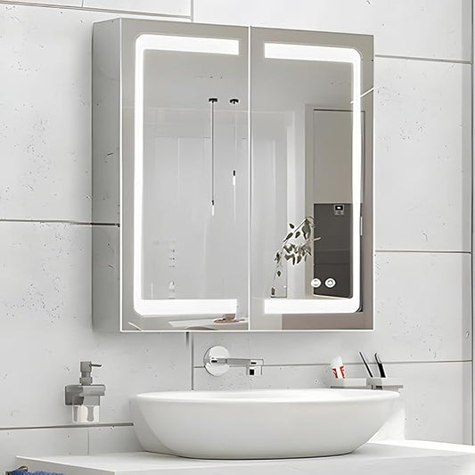 Stainless Steel LED Medicine Cabinet,Bathroom Mirror Cabinet with Light,3 Color,Dimmable,Equipped with Defogger,USB Shavor Socket,Internal Light,30×32 Inch