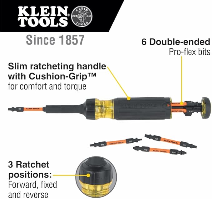 Klein Tools 32313HD 13-in-1 Multi-bit Ratcheting Screwdriver, Double-Ended Impact Bit Set, 12 Impact Driver Bits and 1/4-Inch Nut Driver
