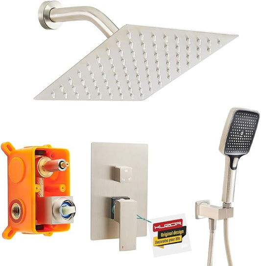 1Pc 304 Stainless Steel Shower Faucet Set, Rain Shower Head with Handheld Spray, Square Shower Head with 3 Setting Handheld Combo and Brass Valve Kit (Brushed Nickel, 8 Inch Rain Shower Head)