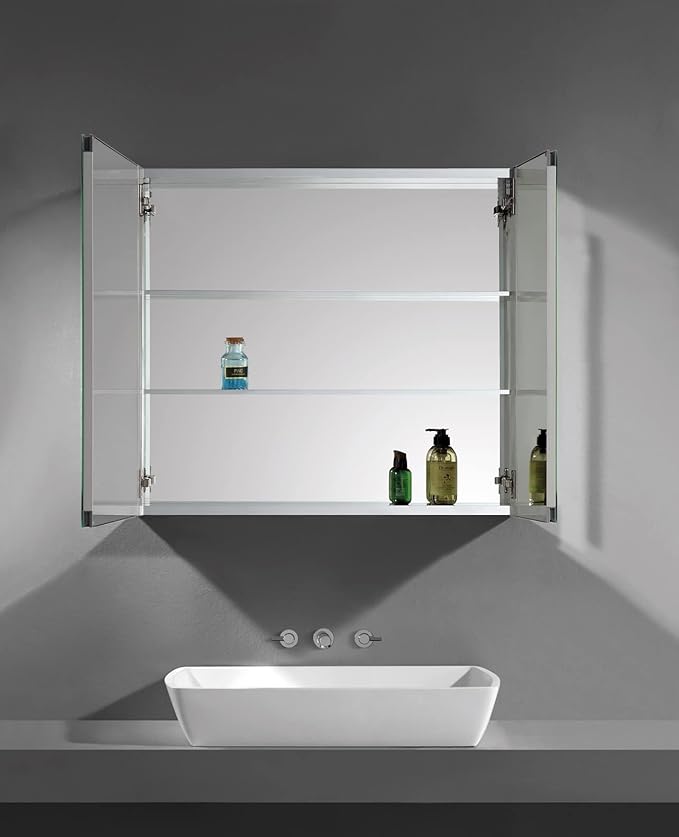 Sunrosa Aluminum Bathroom Medicine Cabinet with Mirror Door, 36"27.5" Wall-mountable and Recessed-in Cabinet, 2 Asymmetrical Doors Organizer