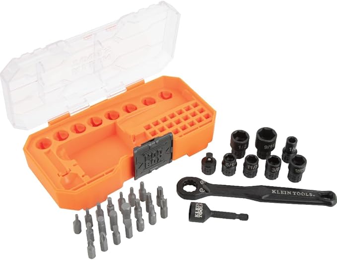 Klein Tools 65300 KNECT 32-Piece Pass Through Socket Set, SAE Impact Socket Set with MODbox Case, 1/4-Inch Drive, Sockets, Bits and Accessories