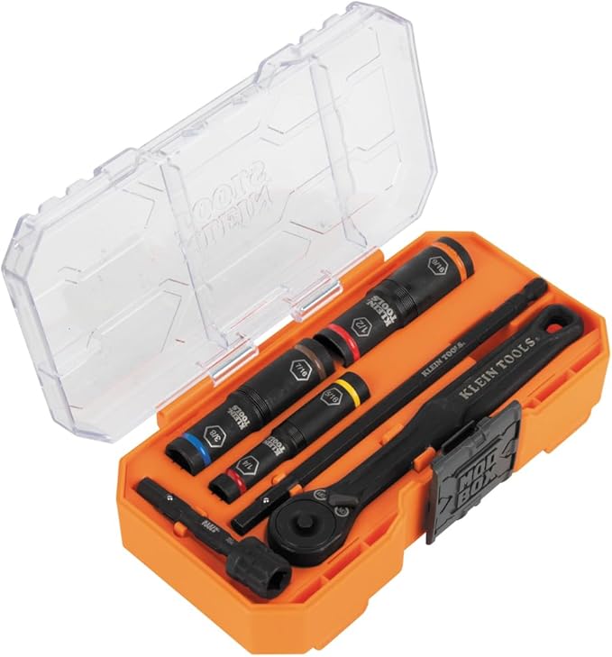 Klein Tools 65238 KNECT Impact Socket Set, Deep Sockets with Wrench, 3 Heavy-Duty Color Coded Flip Sockets, 6 SAE Sizes, Ratchet, Adapter and MODbox Case