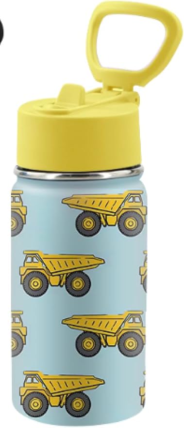 Insulated Water Bottle with Lid, 16 oz, BPA Free, Double Walled, Hot or Cold Drinks, Easy Clean Dishwasher Safe, 12oz, Construction Trucks