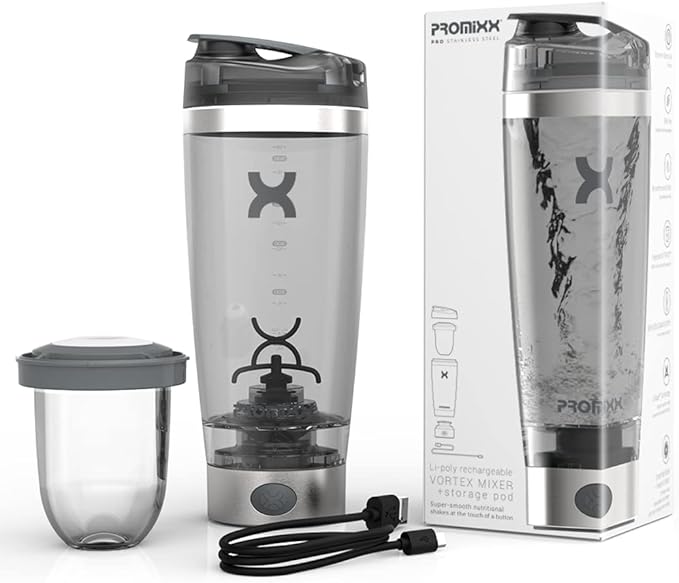 Promixx Pro Shaker Bottle | Rechargeable, Powerful for Smooth Protein Shakes | includes Supplement Storage - BPA Free | 20oz Cup (Silver White/Gray)
