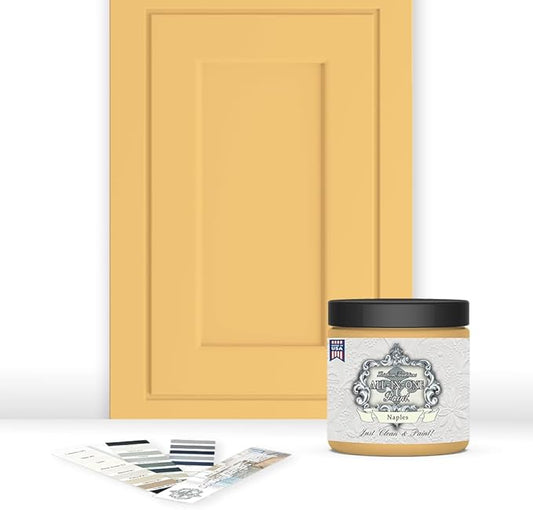 ALL-IN-ONE Paint, Durable cabinet and furniture paint. Built in primer and top coat, no sanding needed. Includes our 30 featured color card - Naples (sunny yellow), 8oz Sample