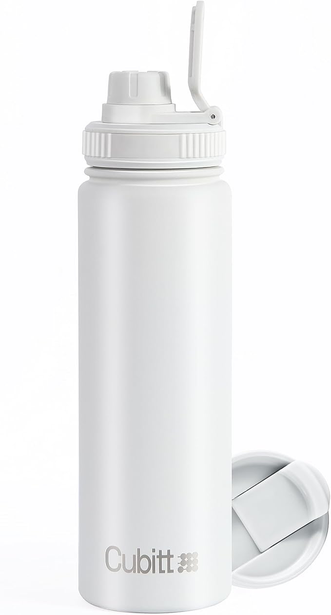 Cubitt Insulated Sports Hydro Water Bottle 24 oz, 2 Lids (Coffee Lid and Wide Mouth Twist Sports Lid), Stainless Steel, Double Walled. Cold for up to 24 hours, Hot for up to 12 hours. (White 24 oz)