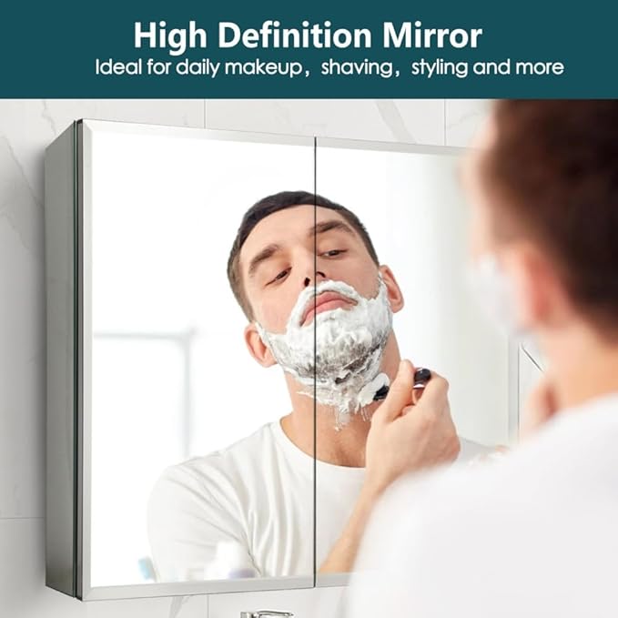 Movo Double Doors Medicine Cabinet with Mirror, 30 inch X 26 inch Aluminum Bathroom Medicine Cabinet, Adjustable Glass Shelves, Waterproof and Rust-Resist, Recess or Surface Mount