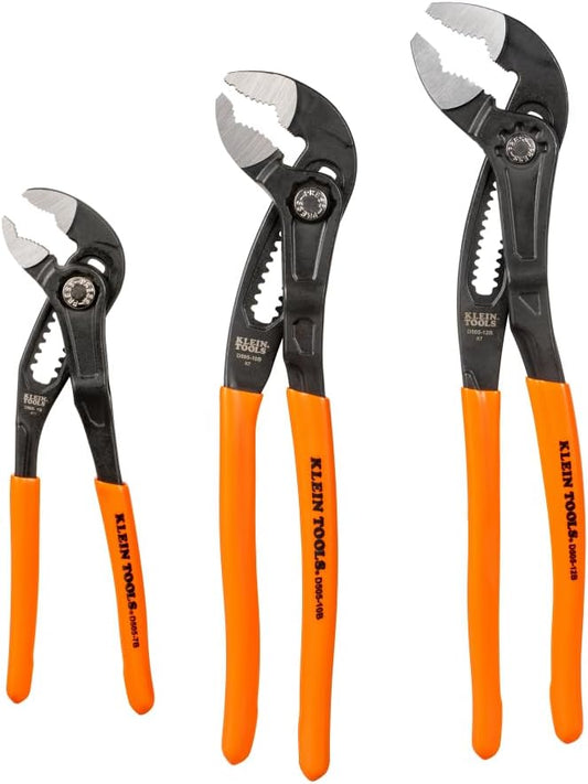 Klein Tools D5053BKIT 3-Piece Quick-Adjust Klaw Pump Pliers Set, 7-Inch, 10-Inch, and 12-Inch, Compact Design with V-Jaw and Hardened Teeth for Maximum Torque