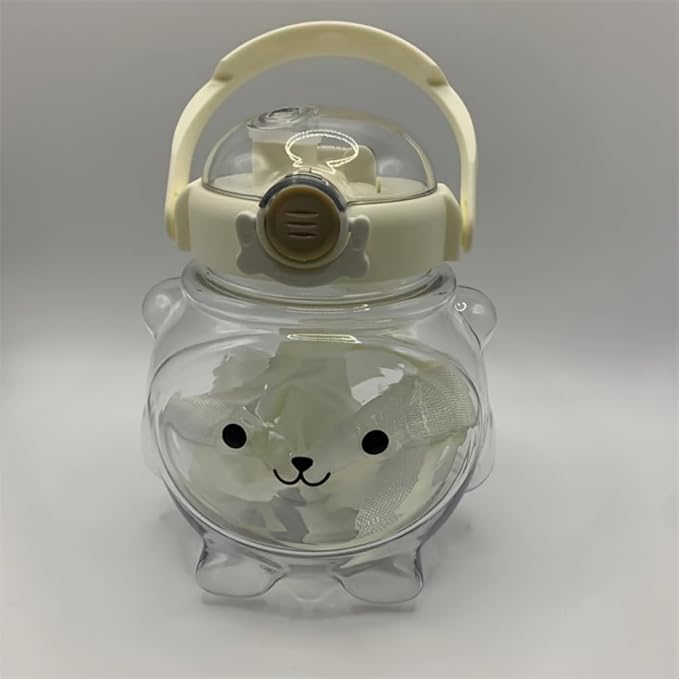 Cute Bear Water Bottle with Strap and Straw, 32oz Kawaii Kids Water Bottles, Leak-proof Plastic Drinking Cups for Children kids Girls Women School Sports Camping Picnic Hiking Travel (White)