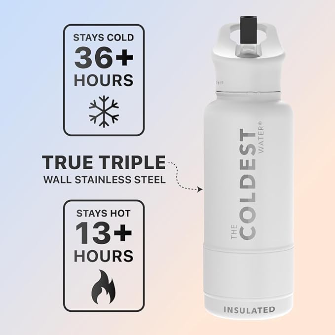 Coldest Sports Water Bottle with Straw Lid Vacuum Insulated Stainless Steel Metal Thermos Bottles Reusable Leak Proof Flask for Sports Gym (Epic White)