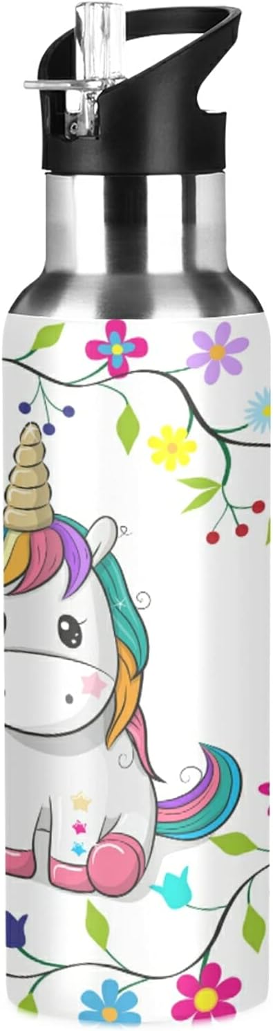 xigua Cute Cartoon Unicorn Water Bottle, BPA Free Stainless Steel Water Bottle Leak-Proof Sports Bottle for Camping Workouts Gym and Outdoor Activity, 22oz