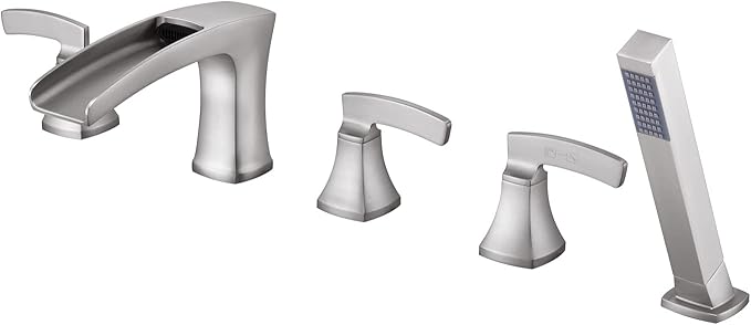 Roman Tub Faucet Waterfall Deck Mount Tub Filler Brushed Nickel Bathtub Faucets 5 Hole Brass Bathroom Faucets with Hand Shower