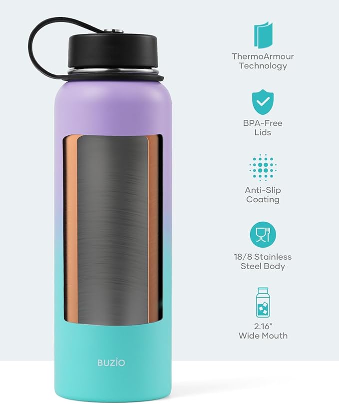 BUZIO 40oz Insulated Water Bottle, Stainless Steel Double Wall Water Flask (Cold for 48 Hrs) Leak Proof Sports Bottles Jug with Straw Lid Flex Cap Metal Canteen for Gym Travel Camping,Purple Green