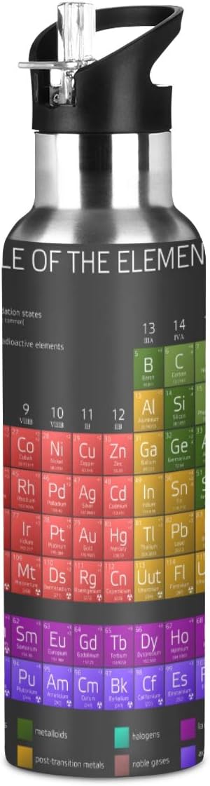 Periodic Table Water Bottle with Straw Lid for Fitness Gym Camping Outdoor Sports, Wide Mouth Vacuum Insulated 18/8 Stainless Steel, 22 oz