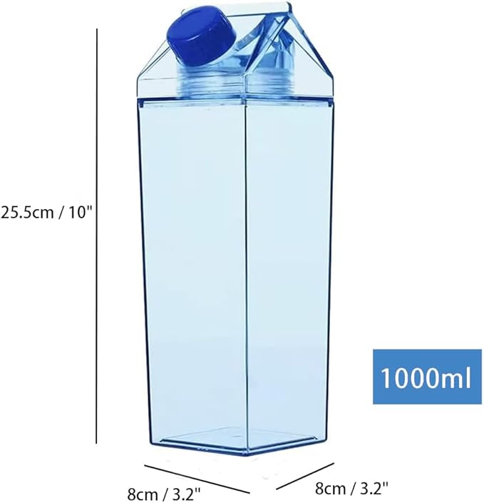 Jinberry 1000ml/34oz Cute Leakproof Clear Milk Carton Water Bottle Portable Drinkware for Outdoor Climbing Tour or Camping