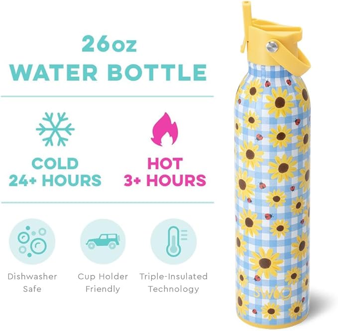 Swig Life 26oz Insulated Water Bottle with Straw & Flip + Sip Handle | Leak Proof, Dishwasher Safe, Cup Holder Friendly, Stainless Steel Water Bottle (Picnic Basket)