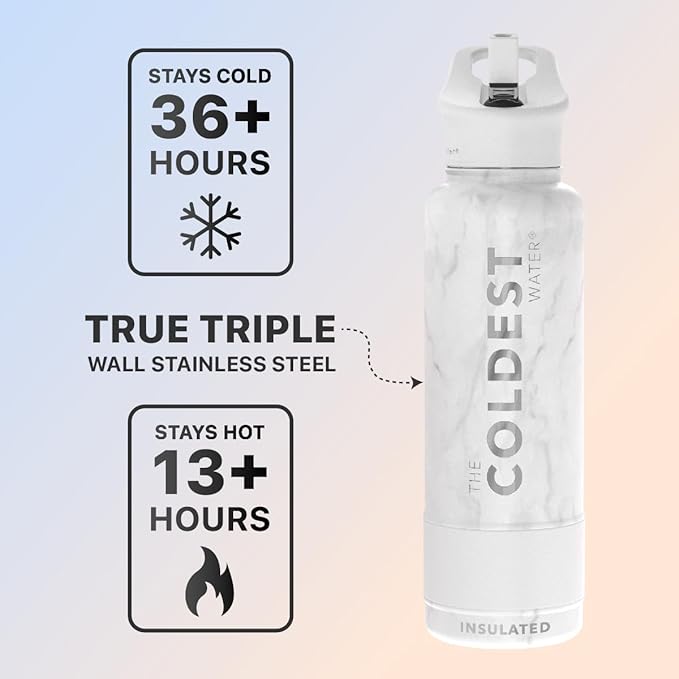 Coldest Sports Water Bottle with Straw Lid Vacuum Insulated Stainless Steel Metal Thermos Bottles Reusable Leak Proof Flask for Sports Gym (40 oz, Carrara Marble)