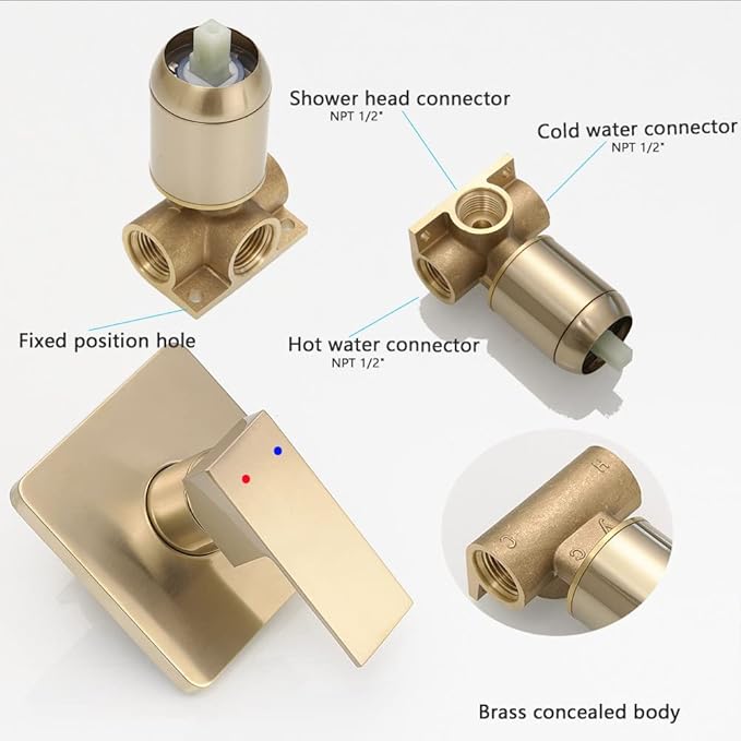Brushed Gold Shower Faucet Set, Single Function Shower Trim Kit with Rough-in Valve, Square Rain Shower Head System Included Extra Long Shower Arm for Bathroom