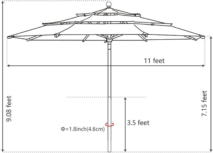 EliteShade USA 10-Year-Non-Fading 11Ft 3 Tiers Market Umbrella Patio Outdoor Cylinder Auto Push-up Table Umbrella with Ventilation, Rust