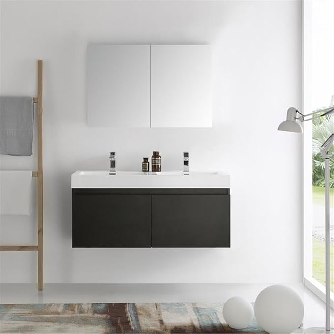Fresca Mezzo 48 Inch Black Wall Hung Modern Double Bathroom Vanity and Medicine Cabinet - Includes Double Integrated Sinks with 4 Soft-Closing Hidden Drawers - Faucets Not Included - FVN8012BW