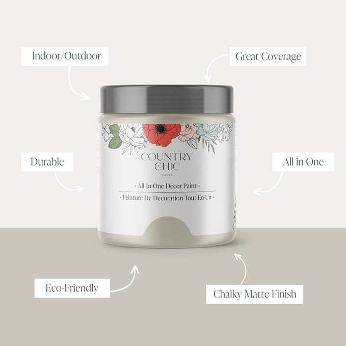 Country Chic All-in-One Chalk Paint for Furniture, Cabinets, Home Decor, Eco-Friendly, Matte Finish, Built-In Primer & Top Coat for Wood, Metal - Sunday Tea (Warm Grey) - Pint 16 oz (475 ml)