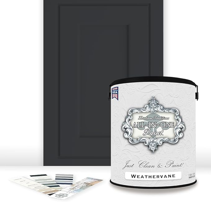 ALL-IN-ONE Paint, Durable cabinet and furniture paint. Built in primer and top coat, no sanding needed. Includes our 30 featured color card - Weathervane (charcoal), Gallon