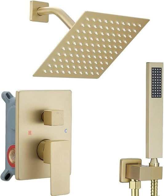 Brushed Gold Shower System 8 Inch Bathroom Luxury Rain Mixer Shower Combo Set Wall Mounted Rainfall Shower Head and Handheld System Shower Faucet Set Rough-in Valve Body and Trim Included