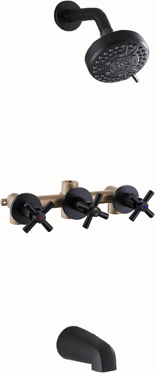 3 Handle Tub Shower Faucet Matte Black, Bathtub Shower Faucet Set With Tub Spout, Tub and Shower Trim Kit with Valve