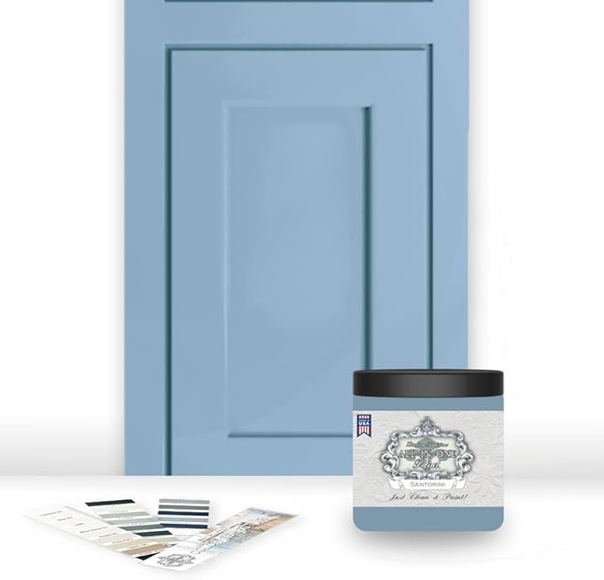 ALL-IN-ONE Paint, Durable cabinet and furniture paint. Built in primer and top coat, no sanding needed. Includes our 30 featured color card - Santorini (slate blue), 8oz Sample