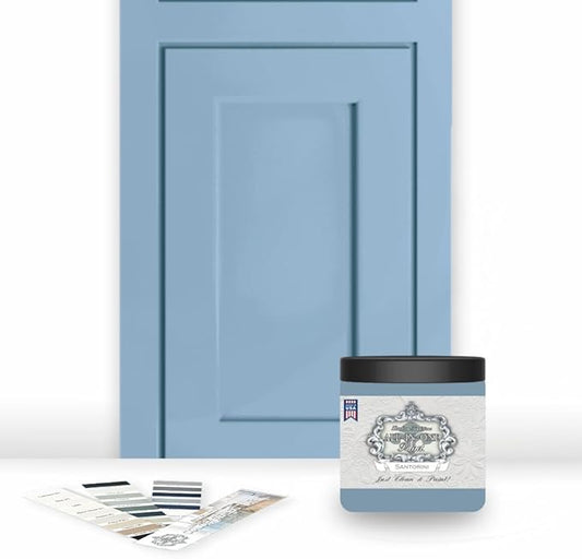 ALL-IN-ONE Paint, Durable cabinet and furniture paint. Built in primer and top coat, no sanding needed. Includes our 30 featured color card - Santorini (slate blue), 8oz Sample