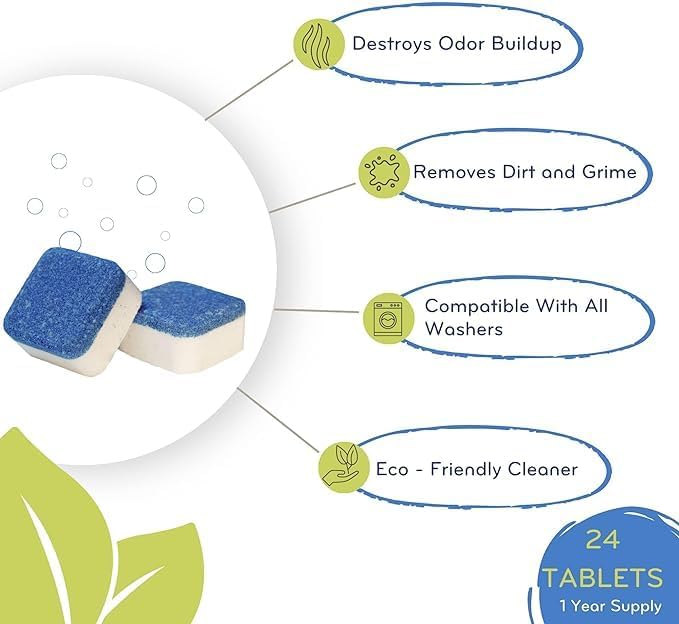 Washing Machine Cleaner and Deodorizing Tablets For Front & Top Load Washers Including H.E. to Remove Odor causing build-up, Pet Hair, & debris from drum, pipes, and filter.