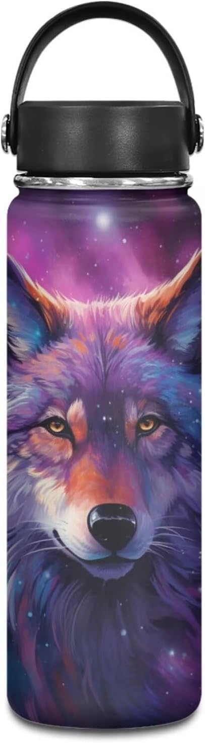 Galaxy Wolf Water Bottle Insulated 20 Oz Sport Water Bottles for Boys Kids Stainless Steel Water Bottles Metal Water Bottle Wide Mouth Bottle Vacuum Cup Purple Star